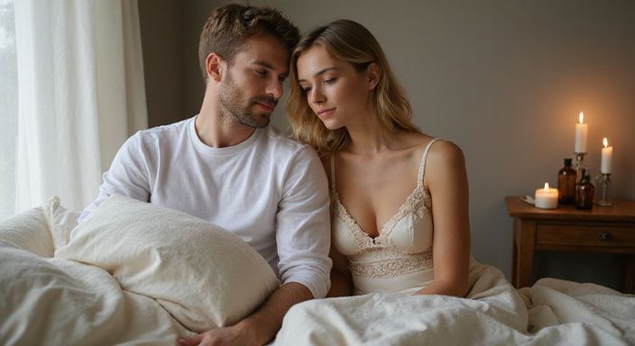Een man en een vrouw delen een intiem moment op bed. Een man en een vrouw delen een intiem moment op bed.