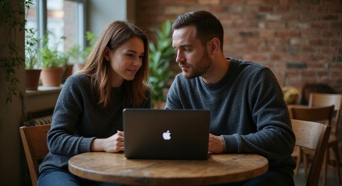 Een man en een vrouw zitten samen aan een cafeetafel. Een man en een vrouw zitten samen aan een cafeetafel.