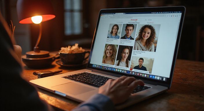 Een laptop toont een datingwebsite met gedetailleerde profielen. Vind een sexdate: Een laptop toont een datingwebsite met gedetailleerde profielen.