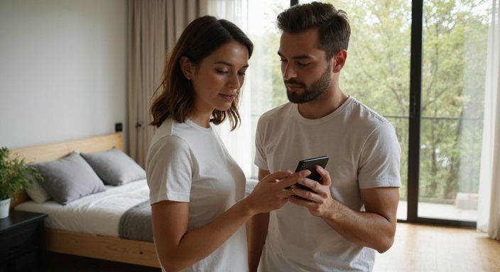 Een man en vrouw delen een intiem moment in een moderne slaapkamer. Vind een sexdate: Een man en vrouw delen een intiem moment in een moderne slaapkamer.