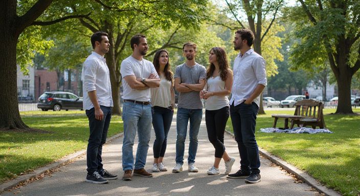 Een groep volwassenen converseert ontspannen in een stadspark. Een groep volwassenen converseert ontspannen in een stadspark.