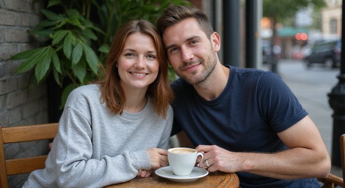 Een vrouw en man delen een intiem moment aan een cafétafel. Een vrouw en man delen een intiem moment aan een cafétafel.