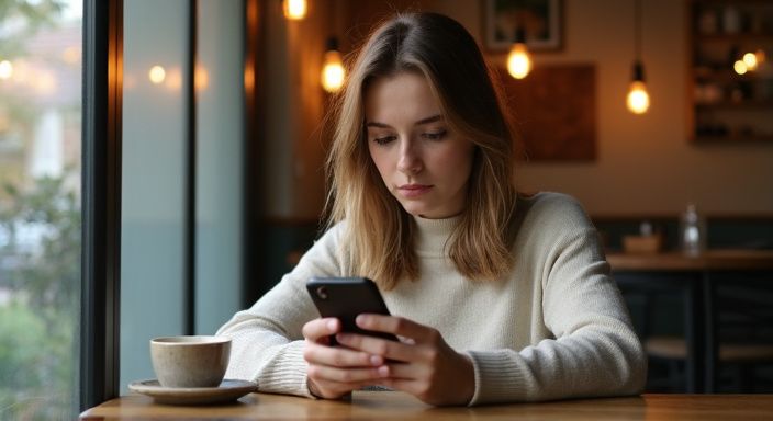 Een vrouw in een café kijkt geconcentreerd naar haar smartphone. Vind een sexdate: Een vrouw in een café kijkt geconcentreerd naar haar smartphone.