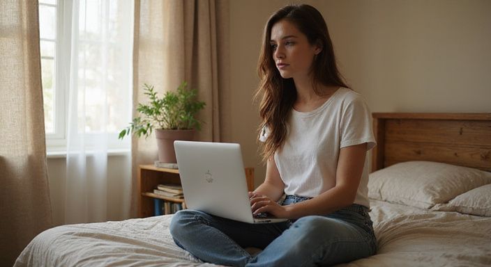 Een vrouw zit ontspannen met een laptop op bed. Een vrouw zit ontspannen met een laptop op bed.