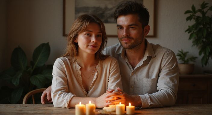Een man en vrouw delen een intiem moment aan tafel. Een man en vrouw delen een intiem moment aan tafel.