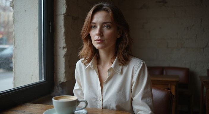 Vrouw in café geniet van koffie en gedachten.