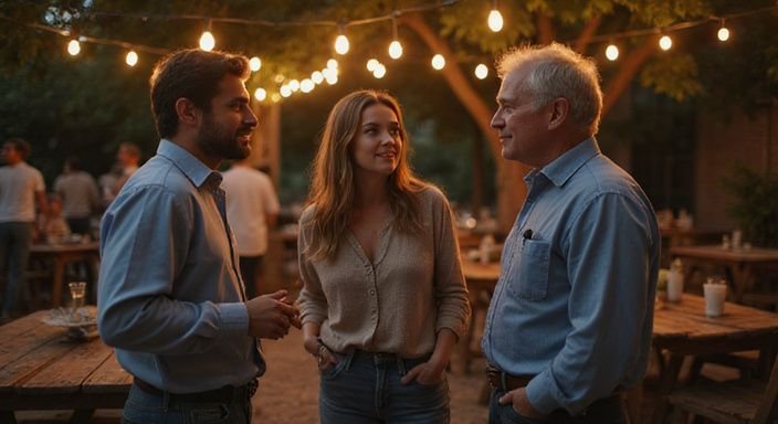 Groep volwassenen in gesprek op een ontspannen avondbijeenkomst.