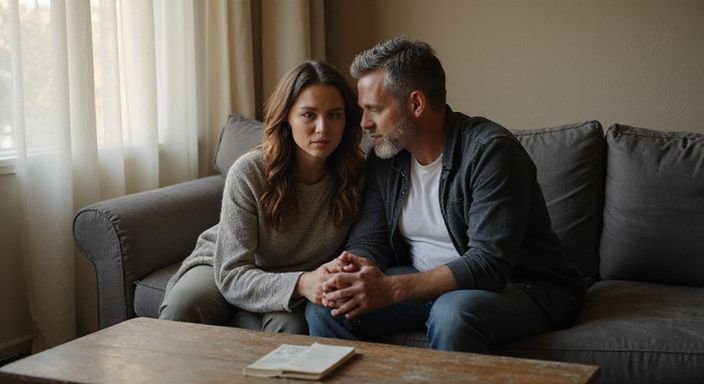 Een man en vrouw hebben een intieme, bezorgde conversatie over vreemdgaan bij mannen en vrouwen op de bank.