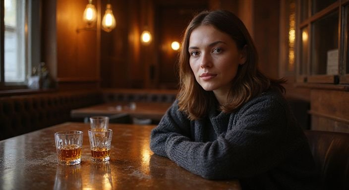 Een vrouw zit alleen aan een bar met whiskey en lege glazen.