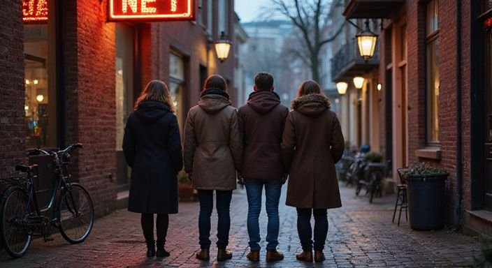 Een groep jonge volwassenen in De Wallen, Amsterdam, najaarsavond.