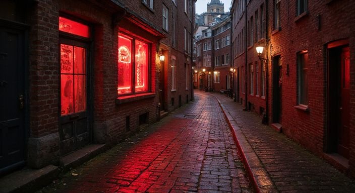 Een smalle, natte steeg met oude bakstenen gebouwen in Amsterdam in het red light district amsterdam.