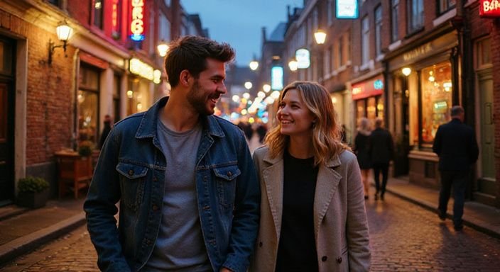Een stel lacht samen op een levendige straat in red light district Amsterdam.