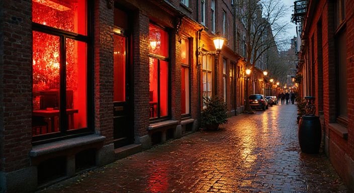 Amsterdamse Wallen met oude gebouwen en rode verlichting, zonder mensen.