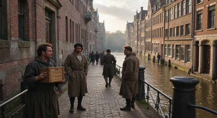 Mannen in historische kleding ruilen goederen aan een Amsterdamse straatkant.