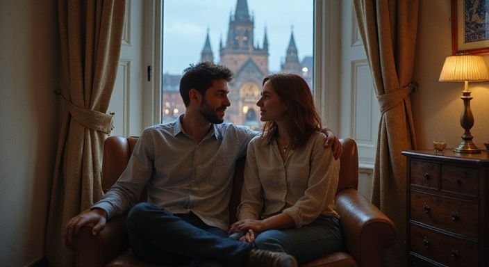 Een stel zit samen op een leren stoel in een hotelkamer in het red light district amsterdam.
