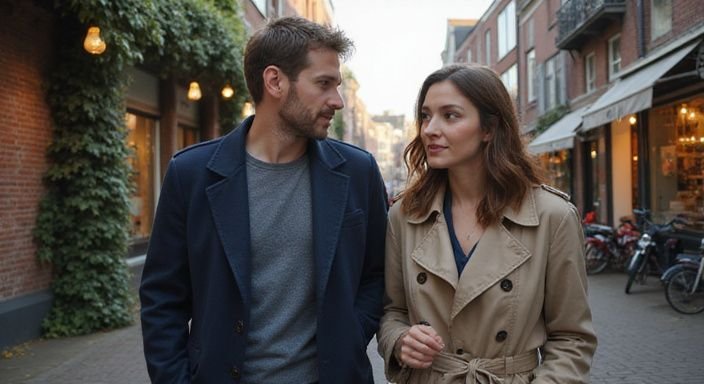 Een man en vrouw wandelen pratend door de straten van red light district amsterdam.