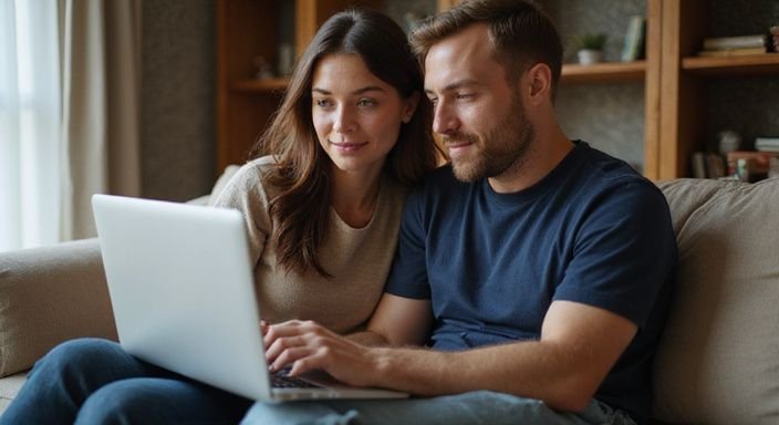 Een stel werkt samen aan hun datingprofiel met een goede datingprofieltekst op de bank.