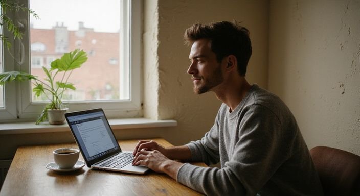 Een jongere typt op een laptop terwijl hij koffie drinkt.