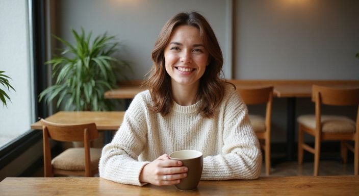 Een lachende vrouw in een gezellige caféomgeving met een warme uitstraling.