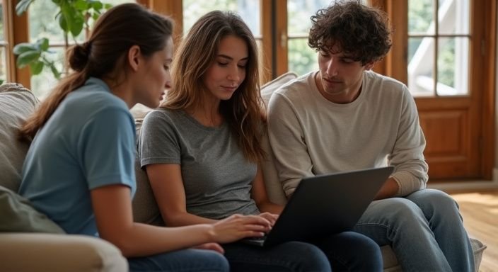 Vrouw deelt datingprofielen met vrienden op een comfortabele bank.