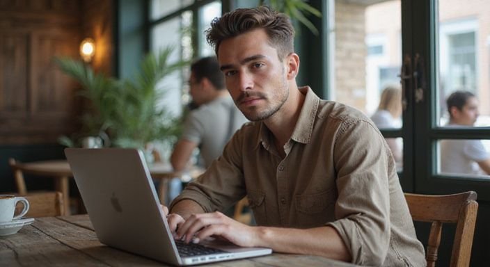 Een persoon werkt geconcentreerd aan een goede datingprofieltekst in een café.