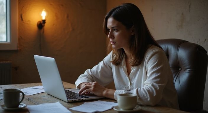 Een vrouw werkt gefrustreerd aan een goede datingprofieltekst aan een bureau.