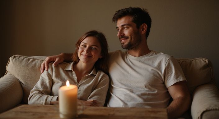 Een man en vrouw zitten glimlachend op een beige bank.