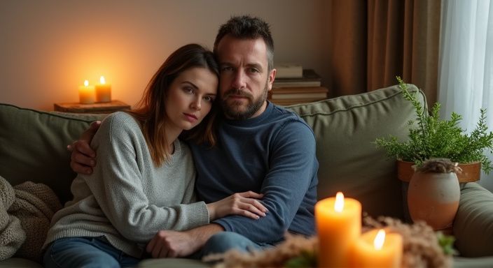 Een stel zit intiem op een versleten groene bank in een woonkamer.