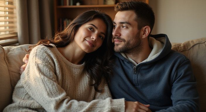 Een jong stel zit dicht bij elkaar op een comfortabele bank