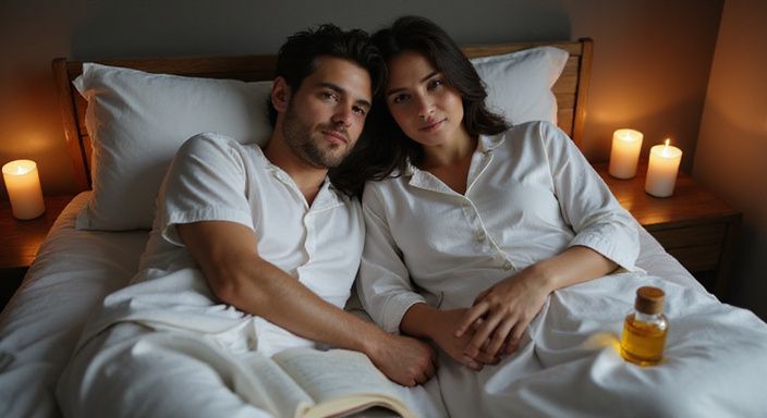 Tips geweldige seks: Een stel ligt ontspannen op bed, omringd door kaarsen en boeken.