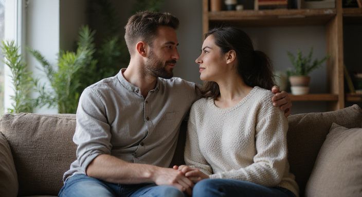Een man en vrouw hebben een intieme conversatie op een bank
