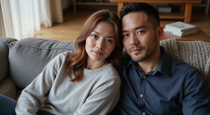 Een man en een vrouw zitten intiem op een grijze bank.