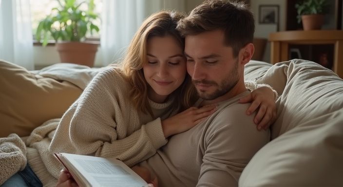 Een stel zit samen op de bank met een boek.