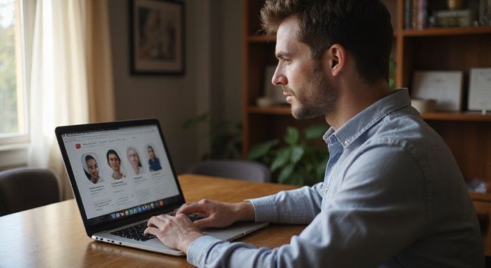 Een persoon zoekt ontspannen op een laptop naar sexcontact in Rotterdam.