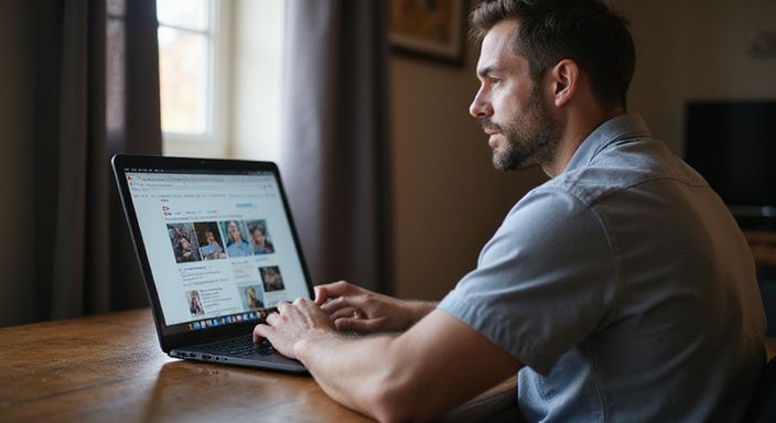 Een geconcentreerde man zoekt op zijn laptop naar sexcontact in Rotterdam.