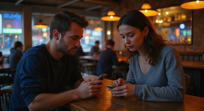 Een man en vrouw verdiept in hun smartphones aan de bar.