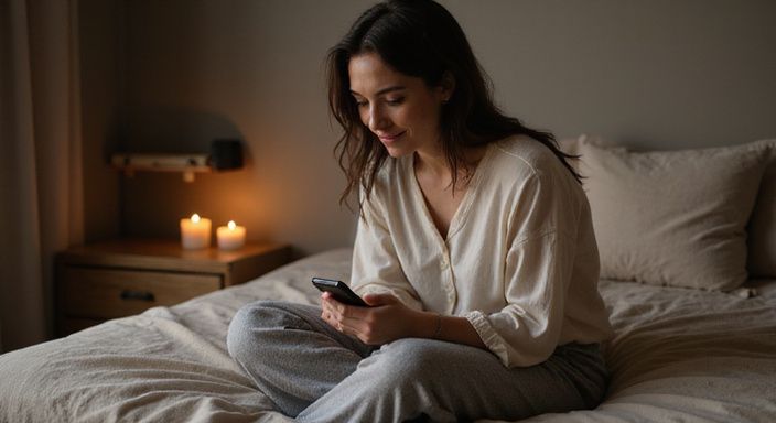 Een vrouw geniet van een ontspannen moment op bed met haar smartphone op zoek naar sexcontact in Rotterdam.