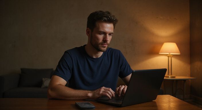 Een man werkt geconcentreerd alleen aan zijn bureau.