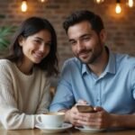 Een vrouw en man delen een intiem moment in een café