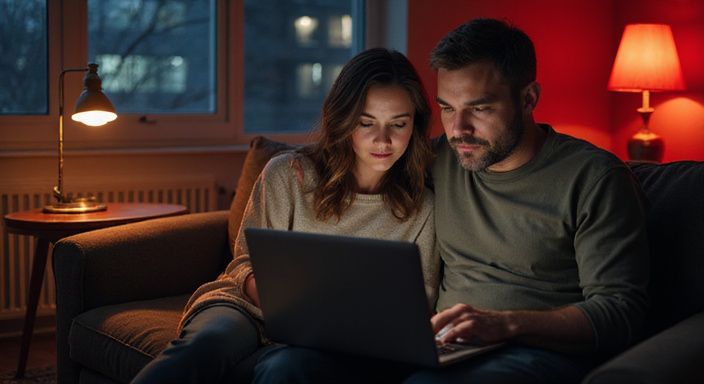 Een man en vrouw werken samen op een laptop op de bank.