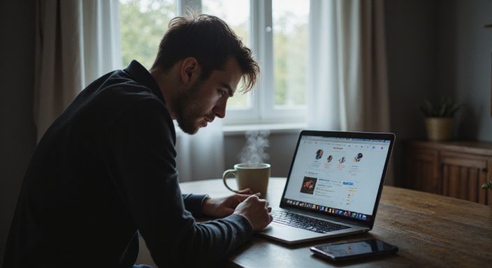 Een man onderzoekt voorzichtig een website op zijn laptop en wil sexcontact in Rotterdam.