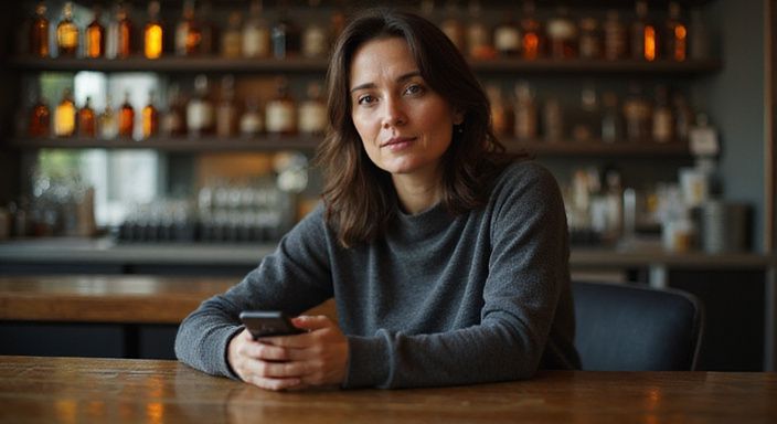 Een vrouw in een casual outfit zit aan een bar met een smartphone.