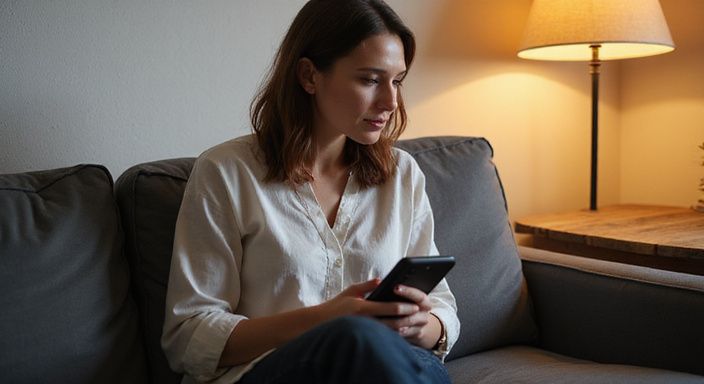 Een vrouw in casual kleding zit ontspannen op een bank.