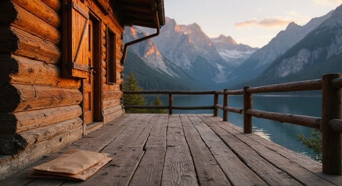 Een rustieke Zwitserse chalet omgeven door mistige bergen en een meer.
