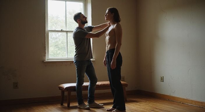 Een vertrouwelijke interactie tussen twee mensen in een BDSM-studio.