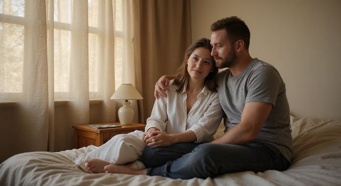 Een vrouw en man zitten intiem op een bed in een slaapkamer tijdens hun sexcontact in Zwitserland.