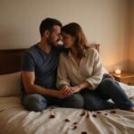 Een koppel deelt een intiem moment in hun slaapkamer