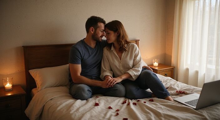 Een koppel deelt een intiem moment in hun slaapkamer