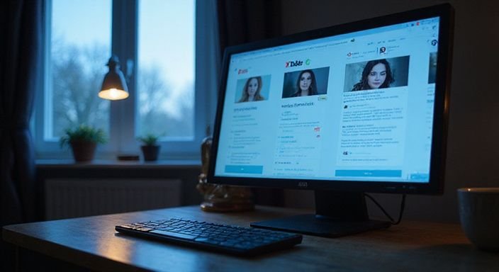 Een rustige kamer met een computer, gebruikersprofielen en chatvenster.