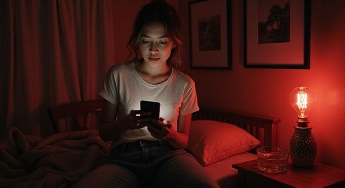 Een vrouw in haar dertig, verdiept in haar smartphone op bed zoekt naar sexcontact in Zwitserland.